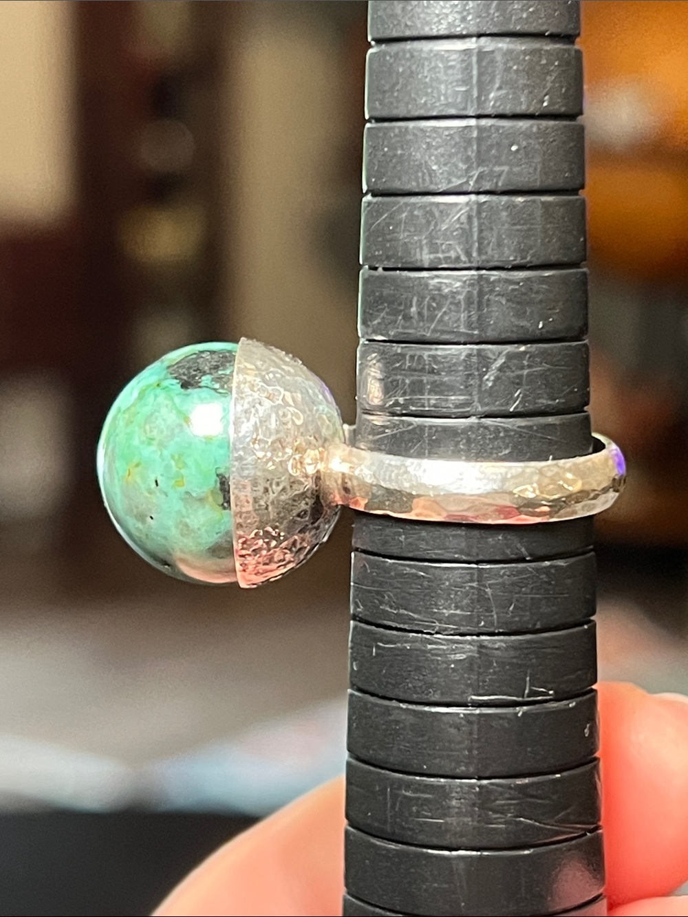 Vintage Modernist Orb Chrysocolla Gemstone Sphere Sterling Silver Ball Ring - Picture 4 of 12
